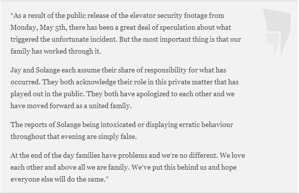 Jay Z and Beyonce release statement on Solange Knowles kicks